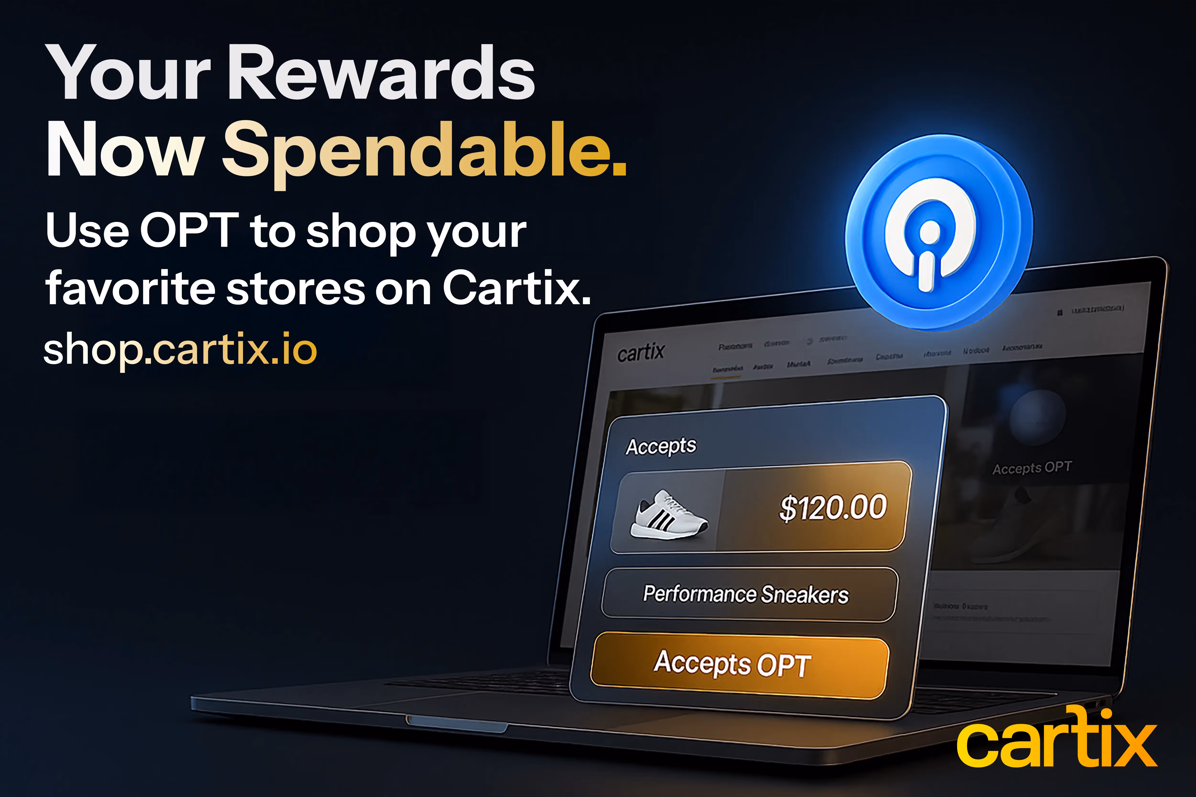 image says your rewards now spendable and shows online cartix retail merchant accepting OPT