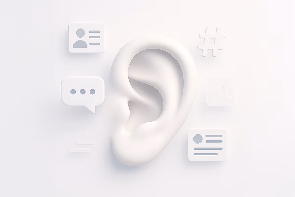 all white with image of an ear protruding to listen to surrounding social media symbols