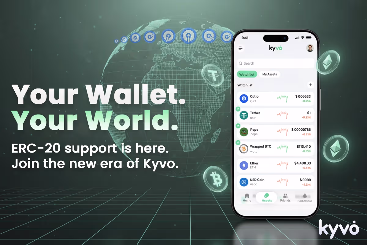 Your Wallet Your World picture of phone showing Kyvo With ERC-20 Support and a New Watchlist Feature