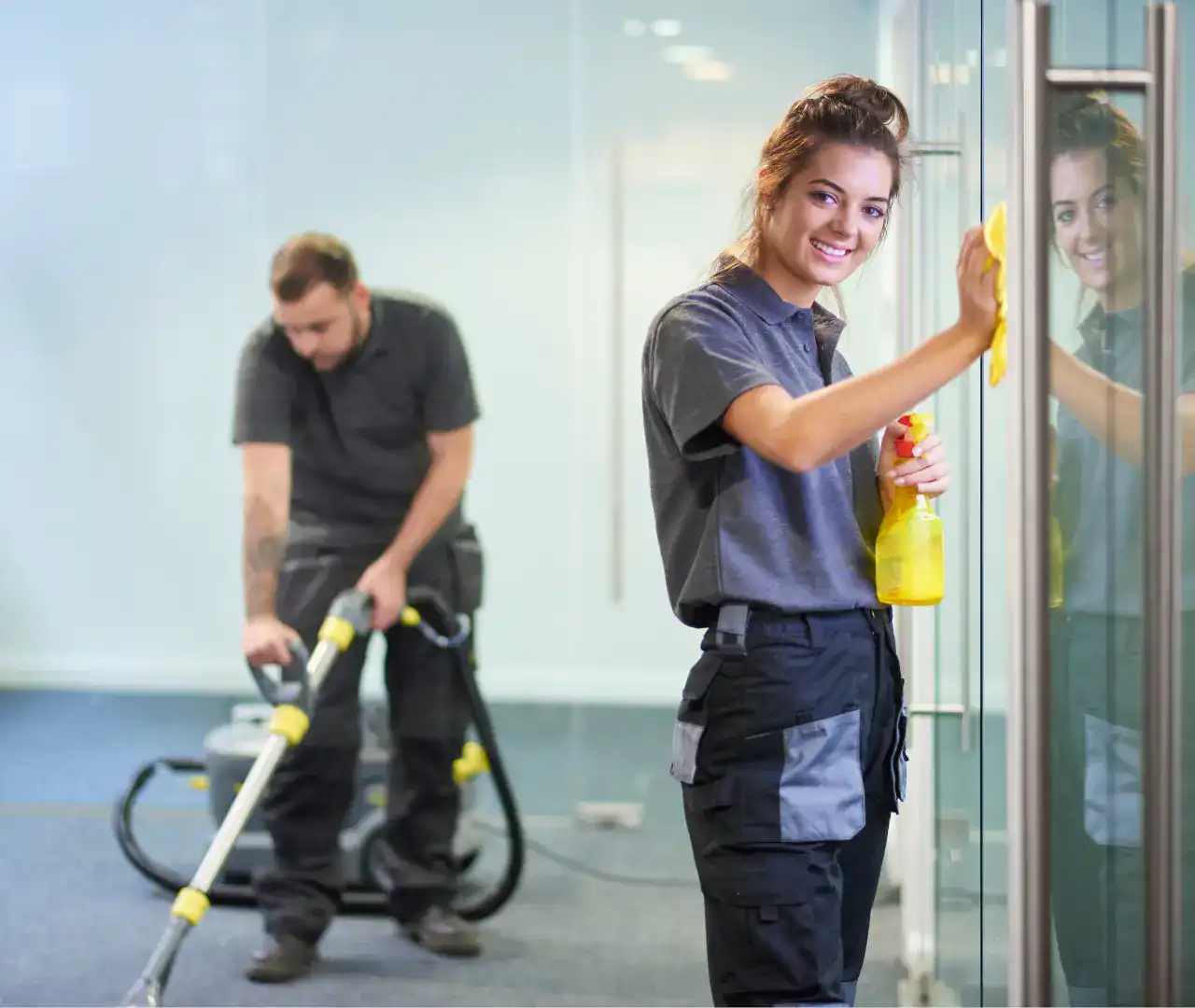 Smiling woman cleans glass with spray bottle while man vacuums carpet in a modern office.