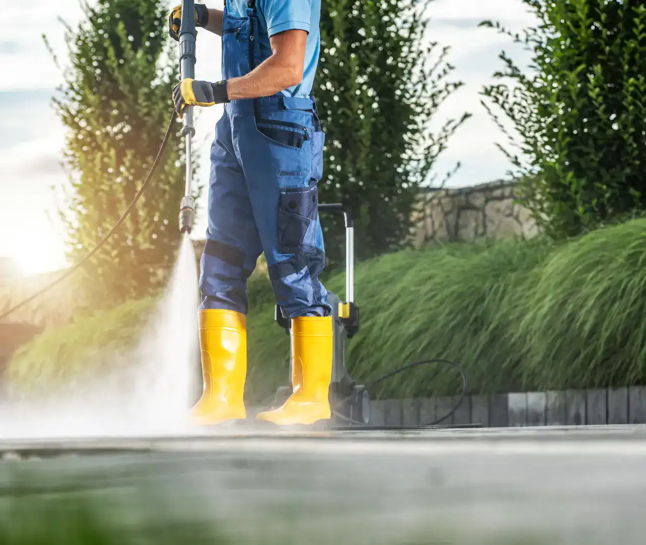 Person in yellow boots and blue uniform pressure washes a sidewalk near green bushes and trees.