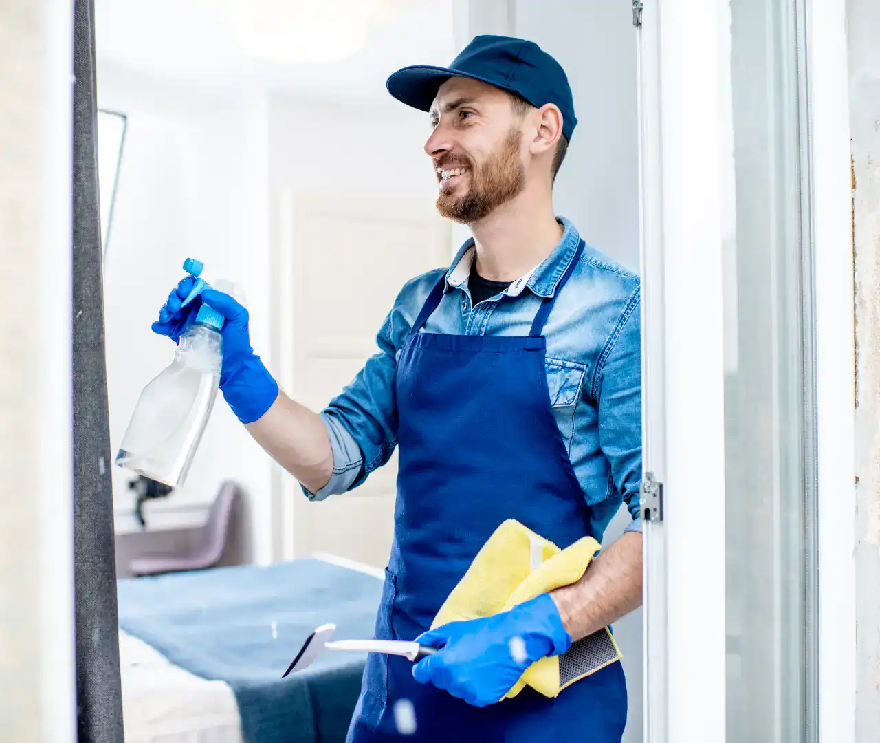 Man in blue apron and gloves cleans a window with a spray bottle, holding a squeegee and yellow cloth.