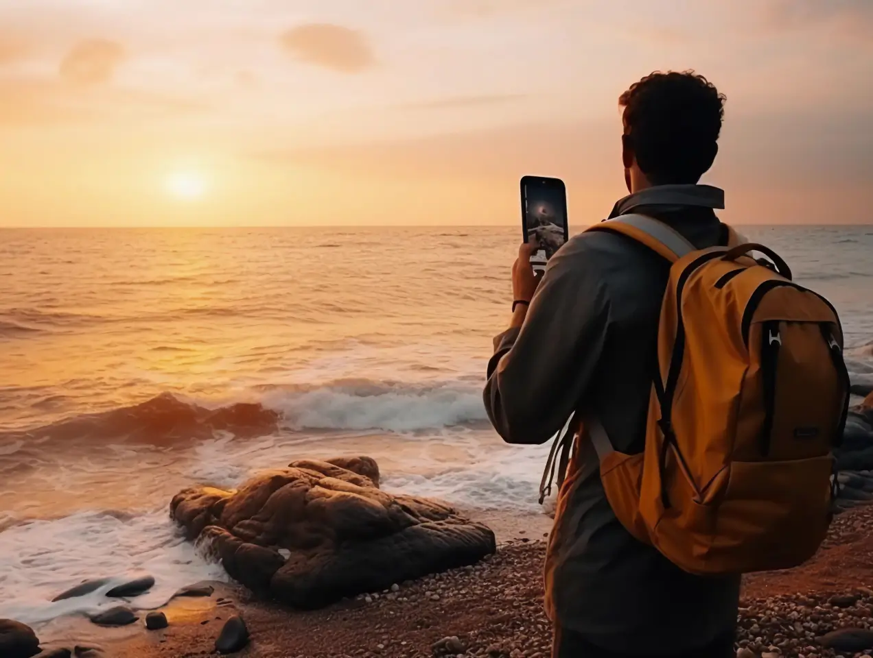 Capturing the moment sunset by the shore.
