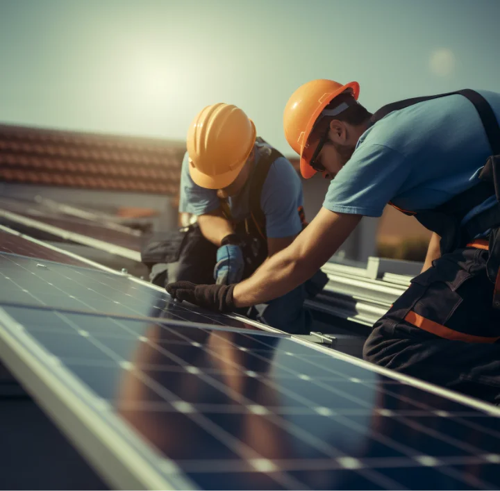 Close-up of solar technicians installing photovoltaic panels on a commercial project site in Indiana