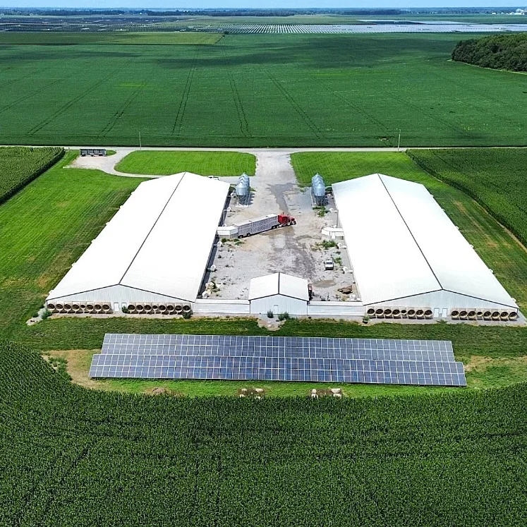 Indiana farm with ground-mounted solar panels providing renewable energy for agricultural operations