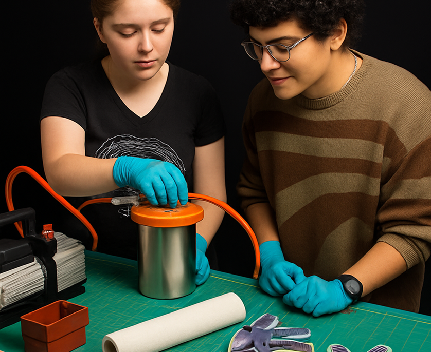 Two people wearing blue gloves working together on a metal container with orange tubing on a green table.