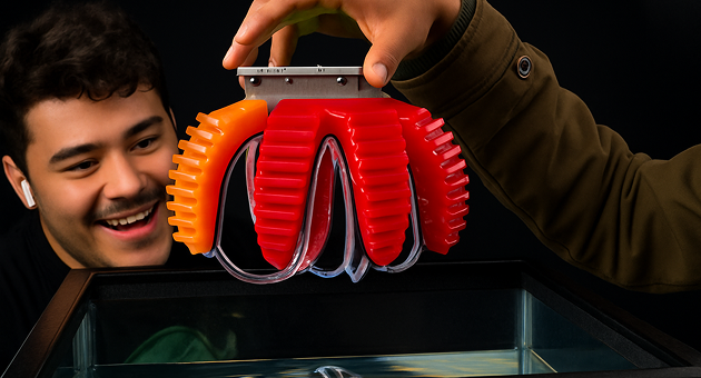 A man smiling while another hand holds a colorful Seajelly robotic KIT (tidalBots) a tank of water.
