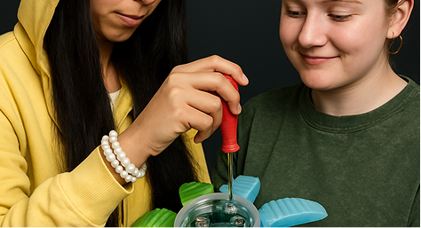 Two people collaborating indoors, one using a screwdriver on a colorful Seajelly robot (TidalBot) while the other watches and smiles.