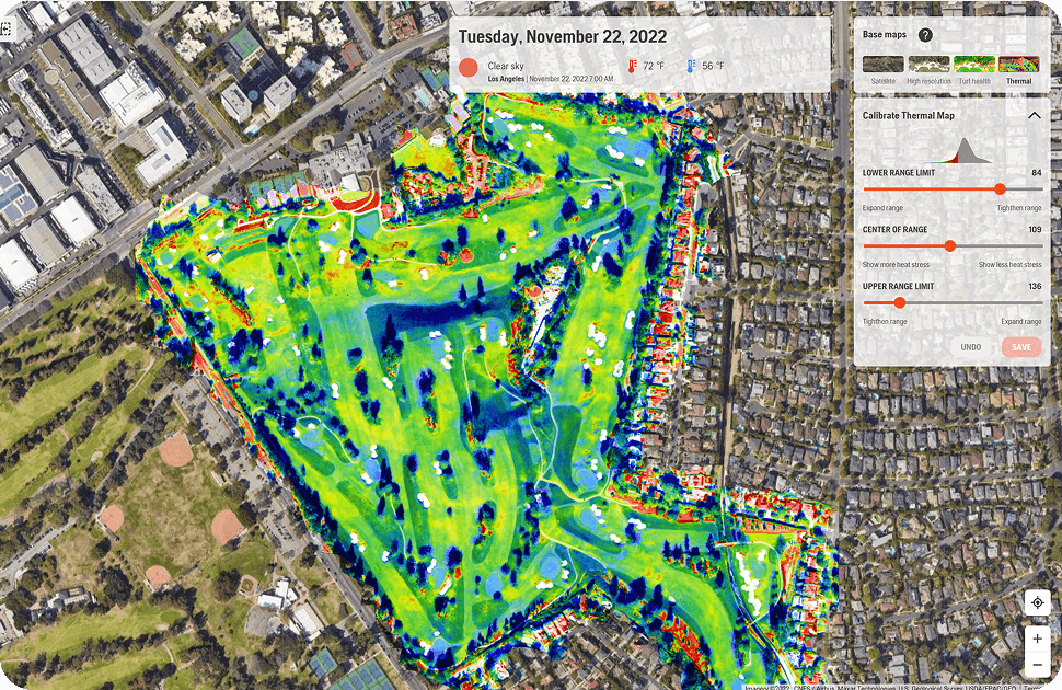 Thermal map overlay in TurfCloud of a golf course and surrounding urban area in Los Angeles on November 22, 2022, showing temperature variations with color indicating heat stress levels.