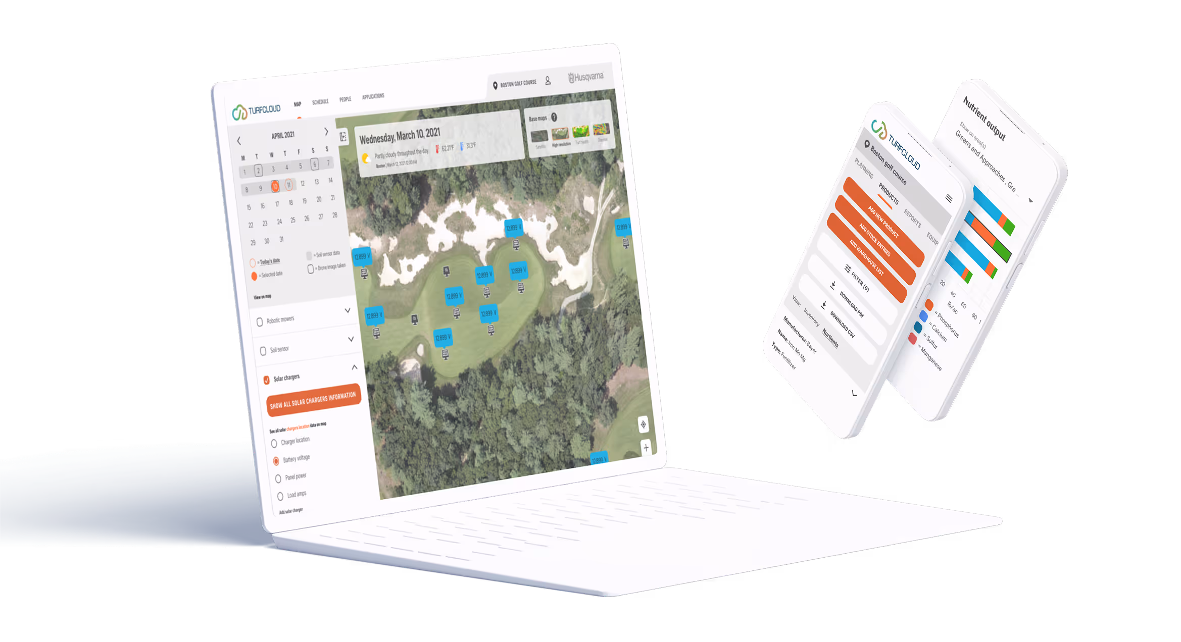 Laptop and two smartphones displaying TurfCloud software with maps, calendar, settings, and nutrient output charts.