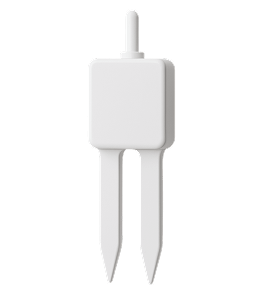 White soil moisture sensor with two prongs and a cable attachment.