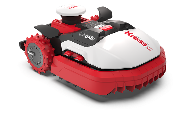 Red and white Kress robotic lawn mower with rugged rear wheels and sensor on top.