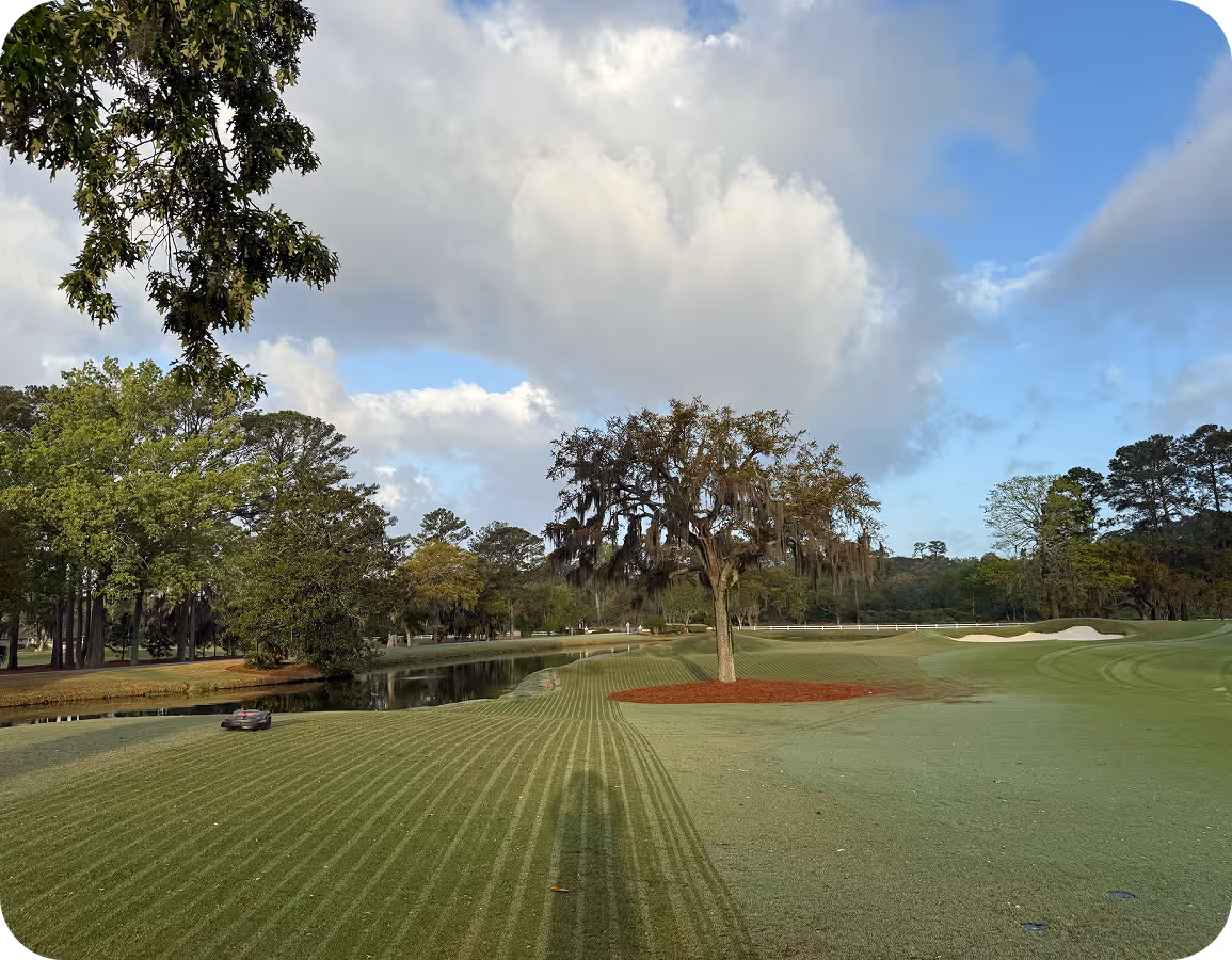 Mowed golf course fairway with a single tree surrounded by mulch and a pond on the left under a partly cloudy sky.