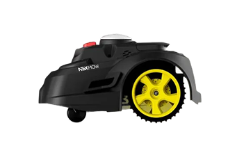 Nexmow lawn mower with bright yellow wheels and a red button on top.