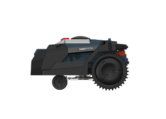 Side view of a Nexmow robotic lawn mower with large rear wheel and smaller front wheel on black background.