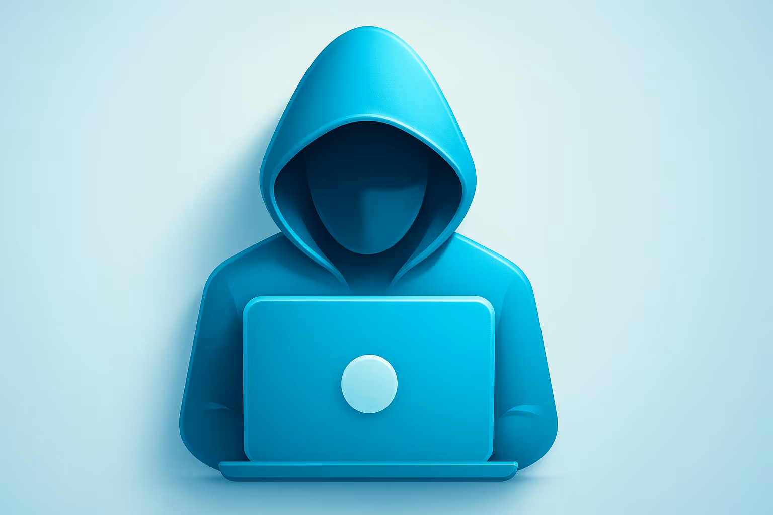 Ícono de hacker con sudadera y laptop en azul