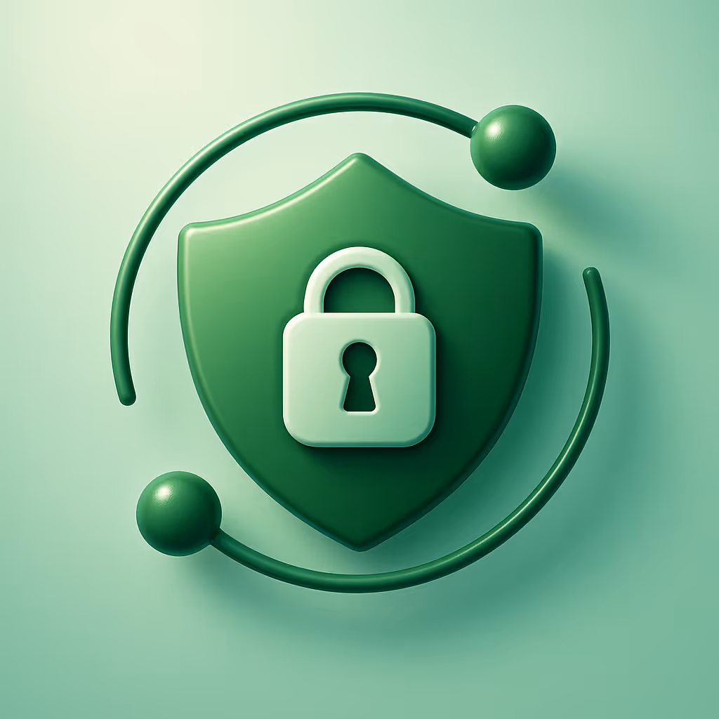 Ilustración de escudo verde con candado y líneas orbitales, símbolo de ciberseguridad sobre fondo degradado menta