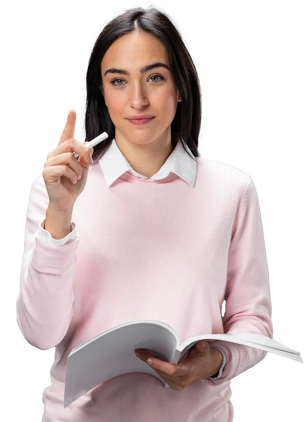 A woman holding a pen and a book.