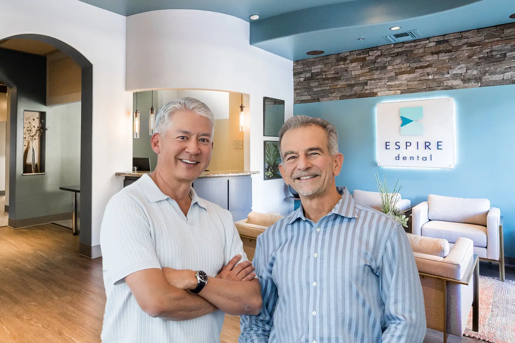 Dr. Jeff Gray and Dr. Greg Hurtado pictured in front of the office lobby of Espire Dental La Mesa