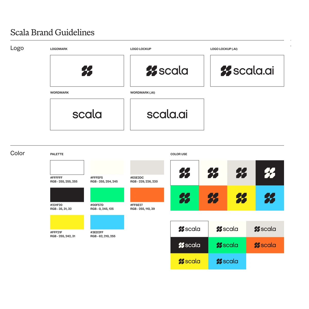 Scala.ai brand guidelines showing logo variations and color palette