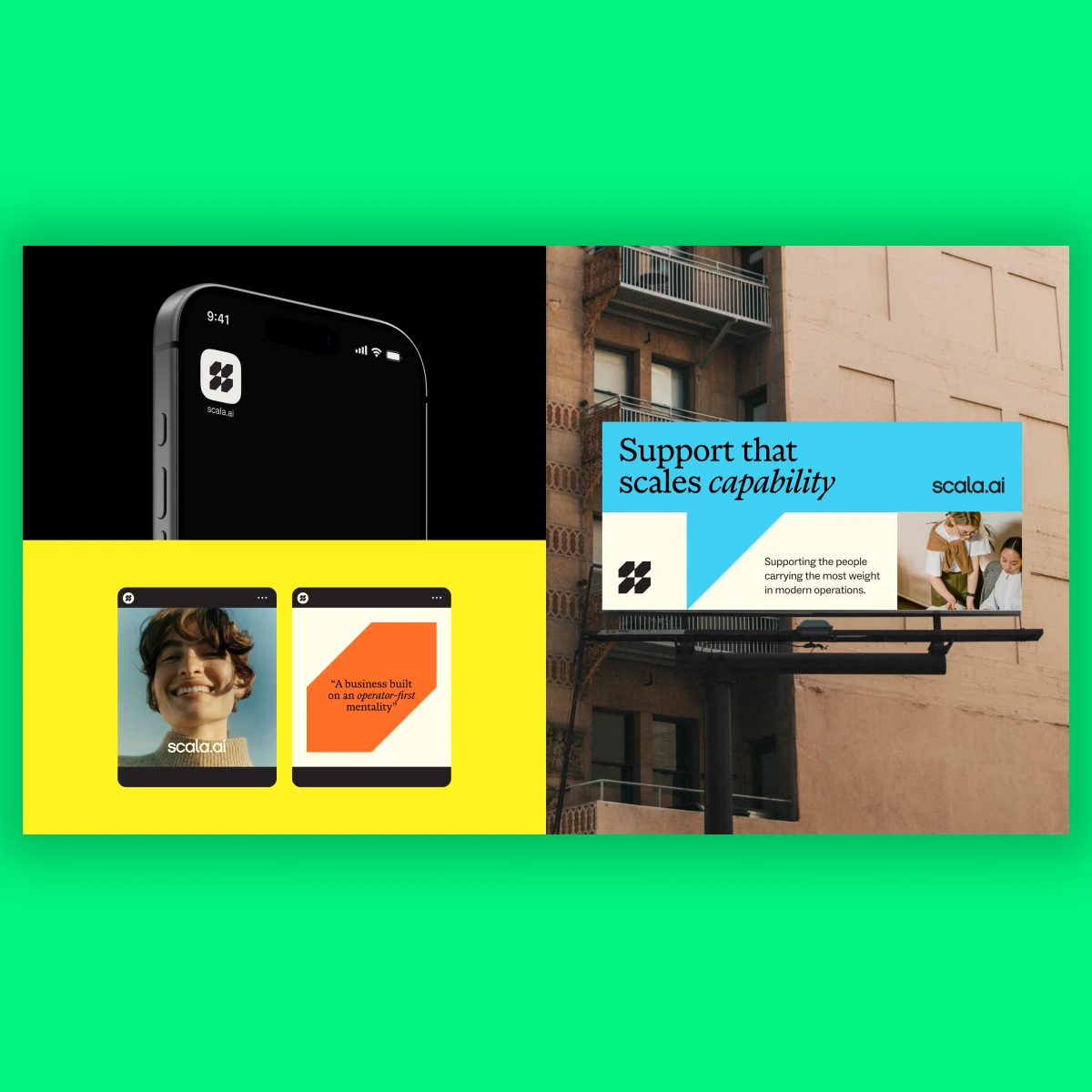 Scala.ai marketing collateral collection on green background