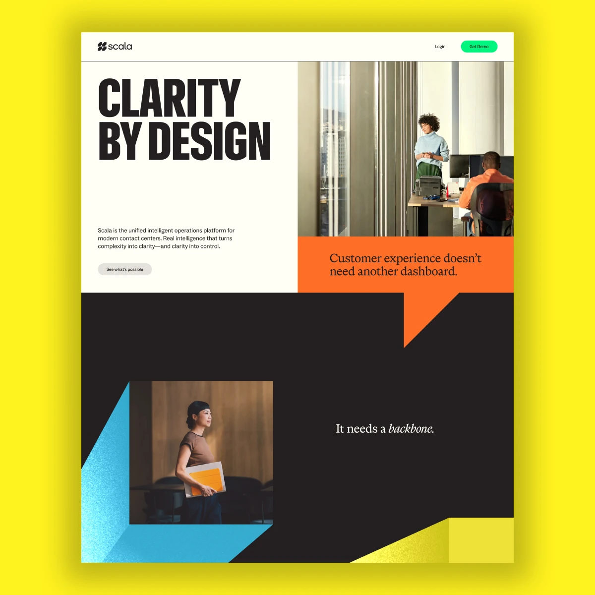 Scala.ai 'Clarity By Design' campaign page on yellow background