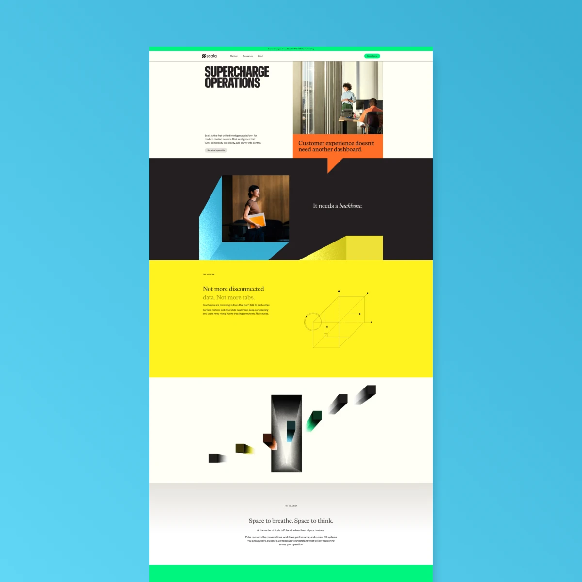 Scala.ai website homepage with blue background and yellow accent buttons