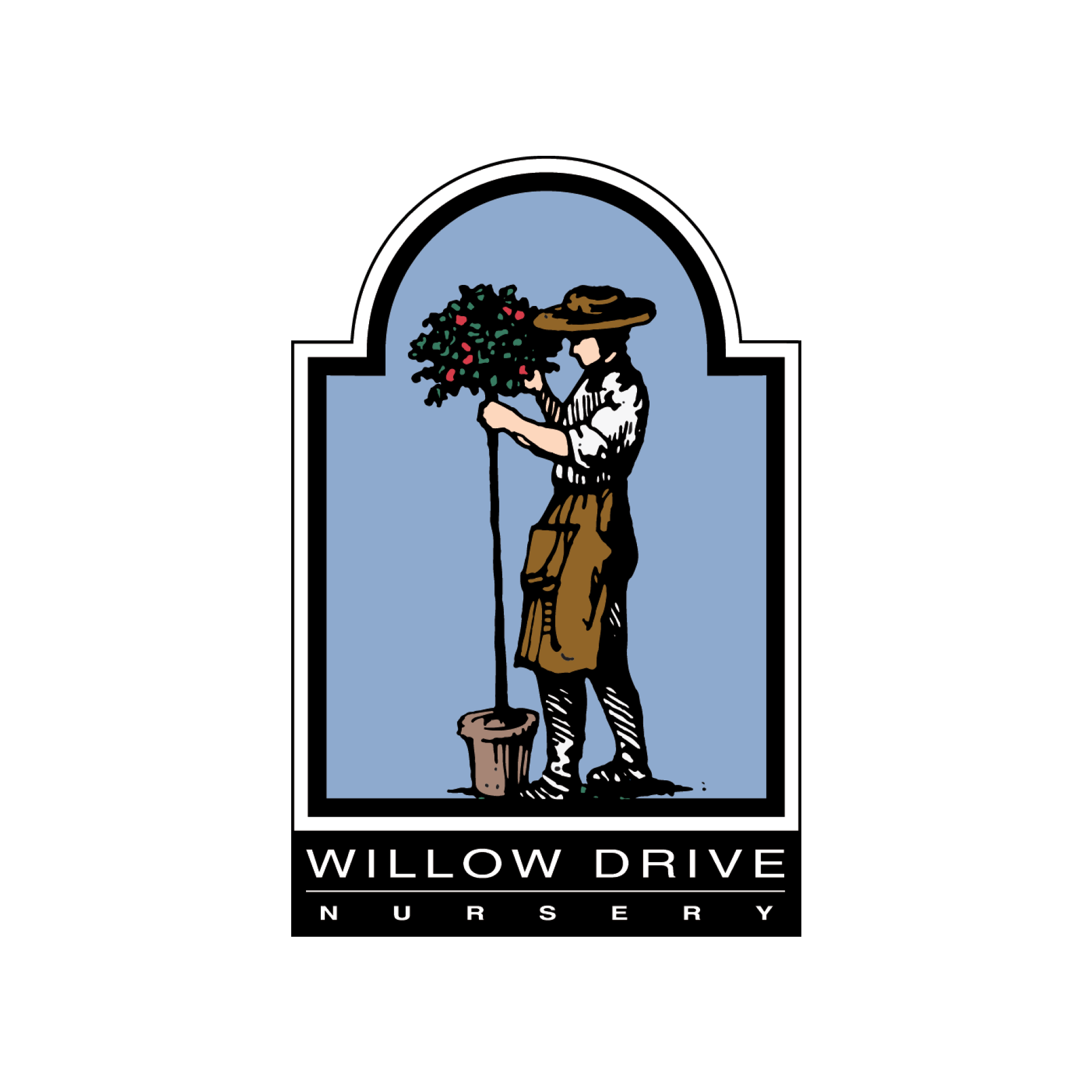 Willow Drive Nursery illustrated logo with gardener figure and plant motifs