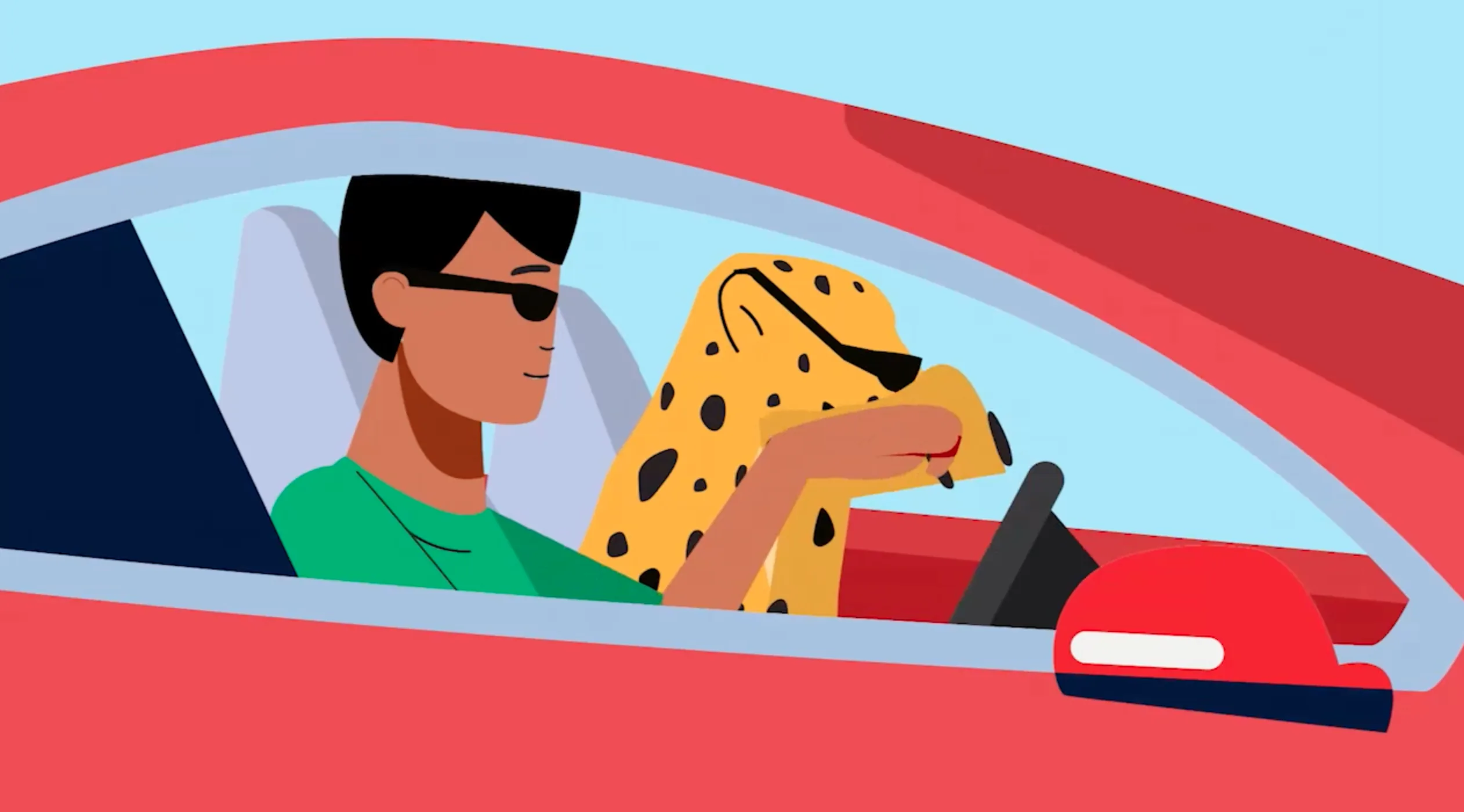 Ethos illustrated man in leopard-print shirt driving a car in colorful animation style