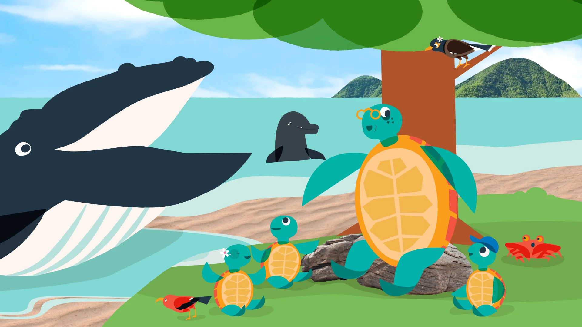 Finn Partners CPB illustrated sea turtle and bird characters in tropical beach scene
