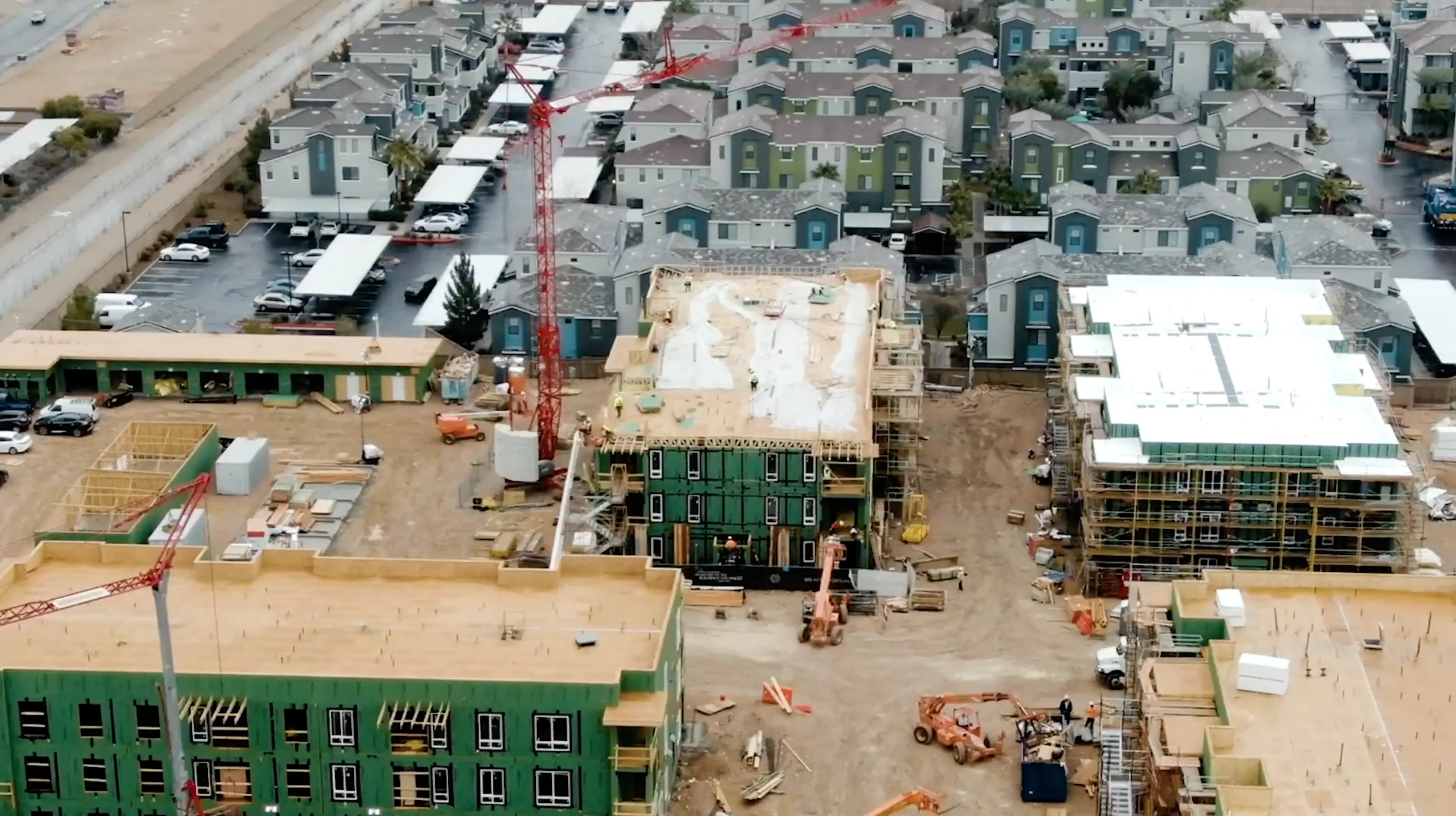 Aerial view of Katerra construction site with modular building components