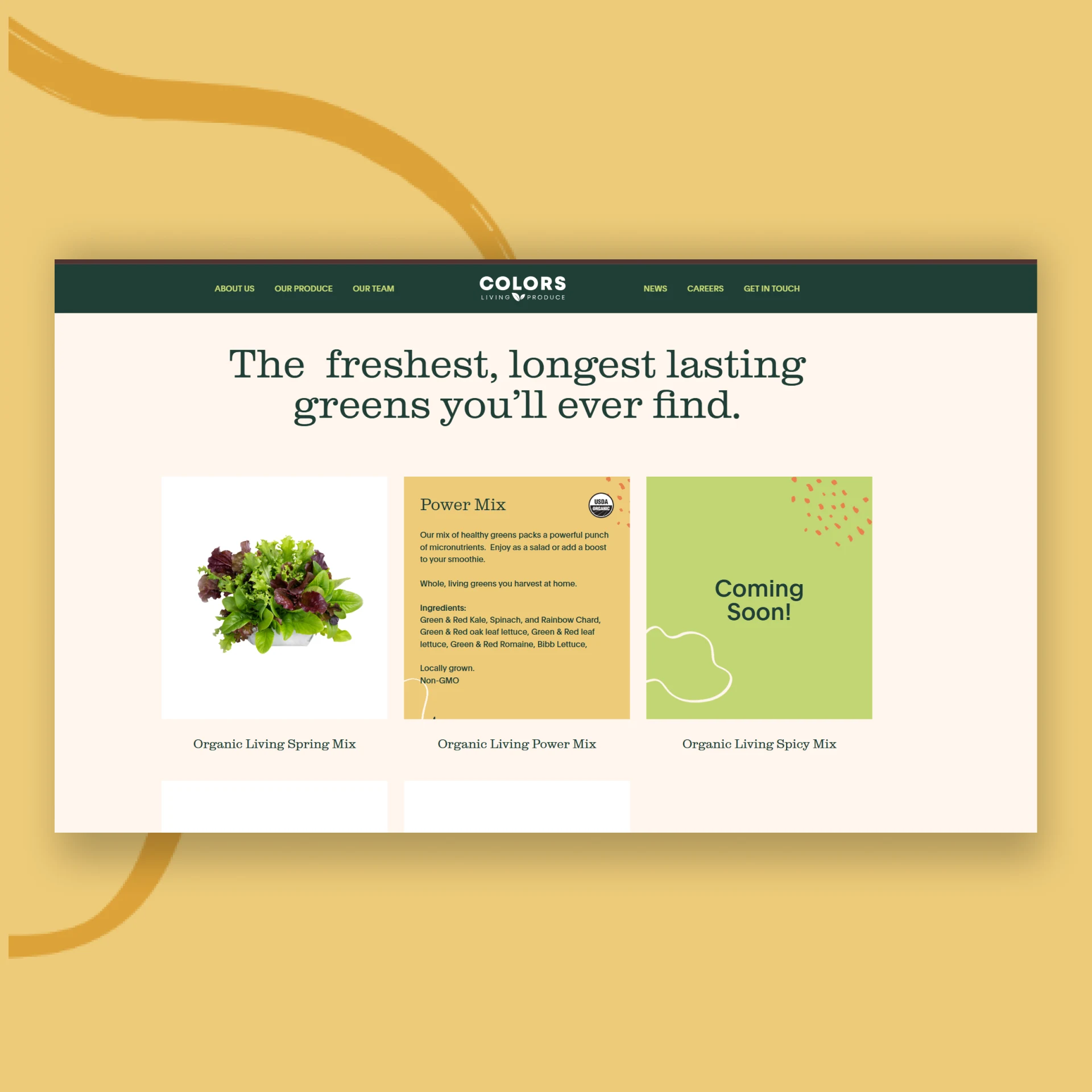 Colors website showing 'The freshest, longest lasting greens' with product photography