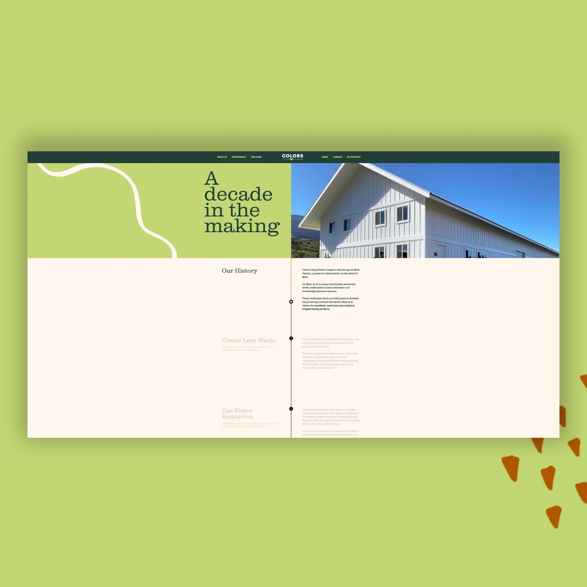 Colors 'A decade in the making' page with white farm barn photograph