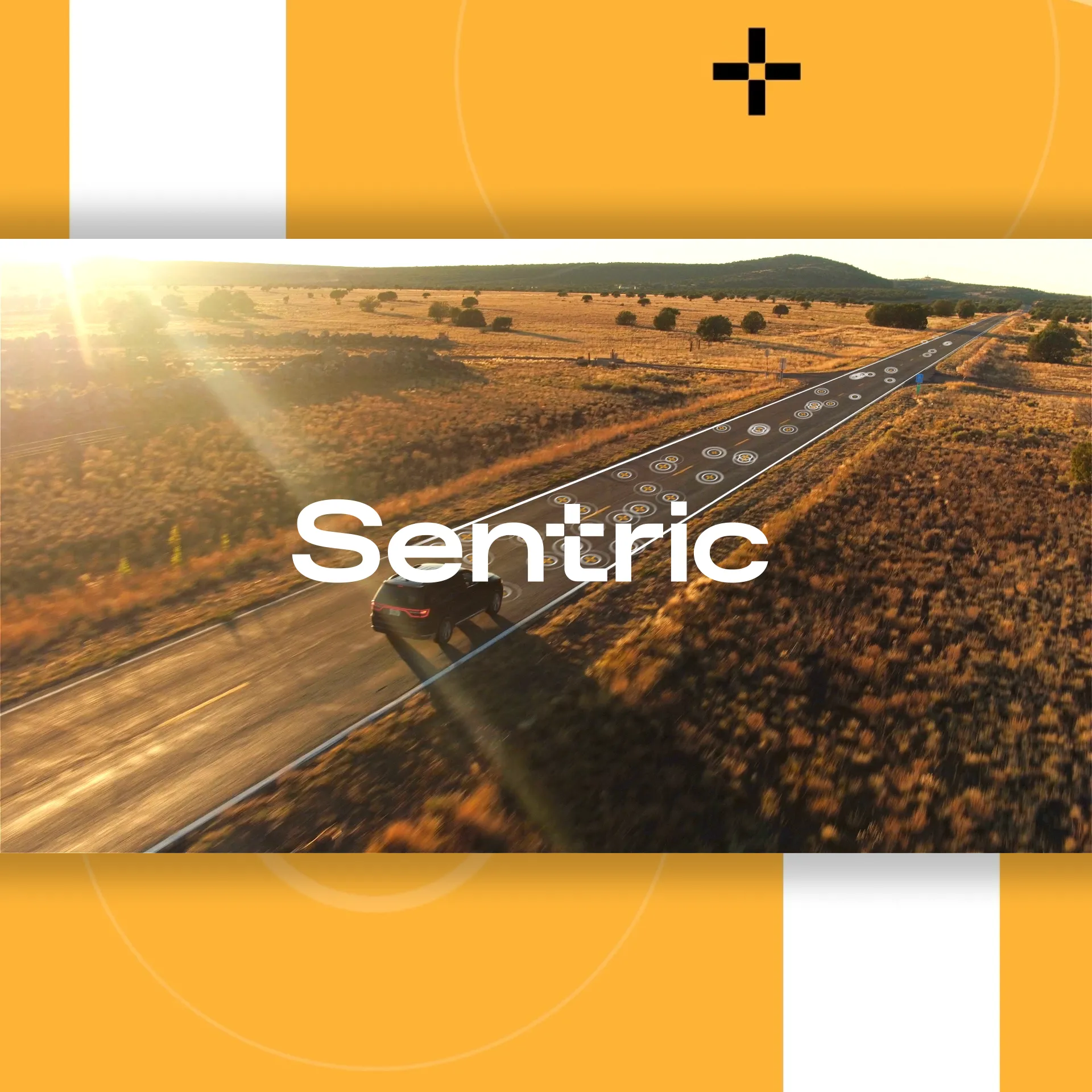 Sentric logo on orange and black branded background with aerial highway view