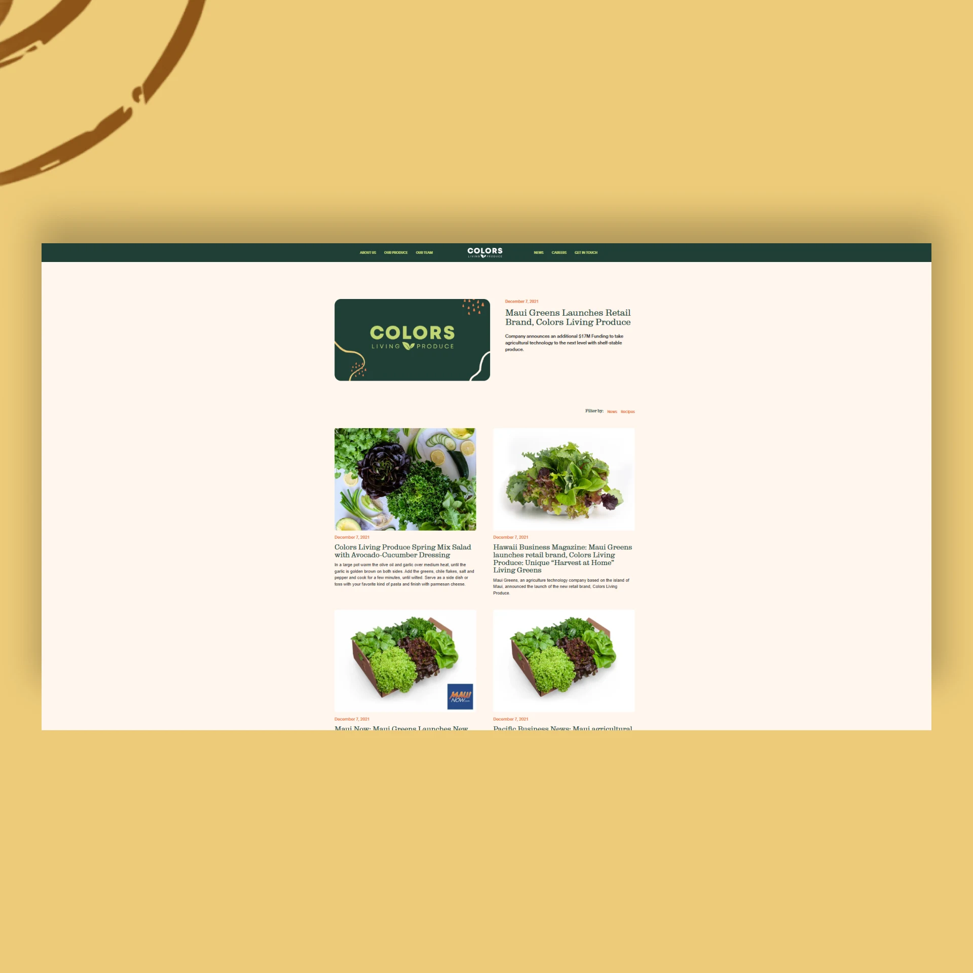 Colors brand collateral with logo, fresh produce photos, and marketing materials