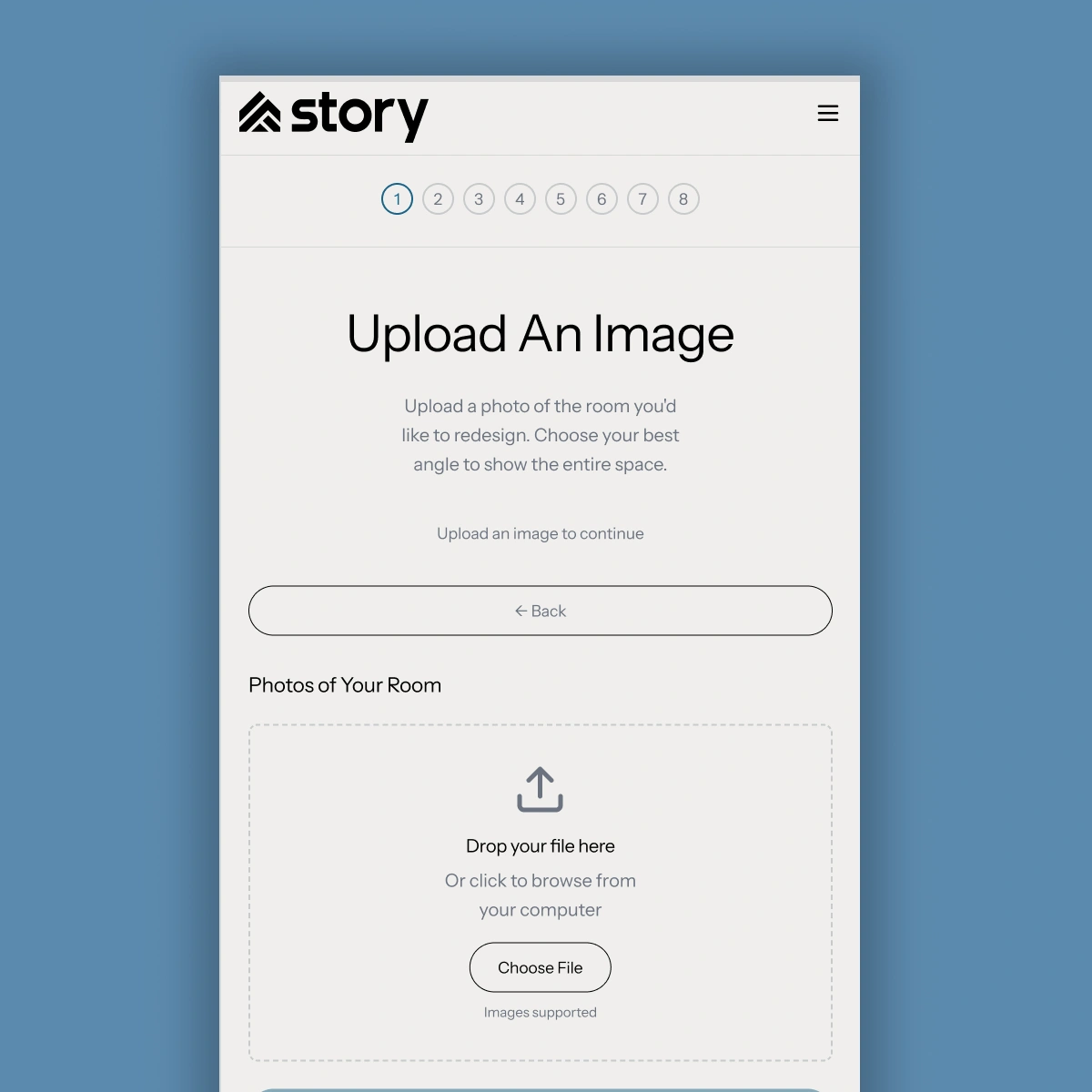 Story website CMS interface mockup with 'Upload An Image' on light blue