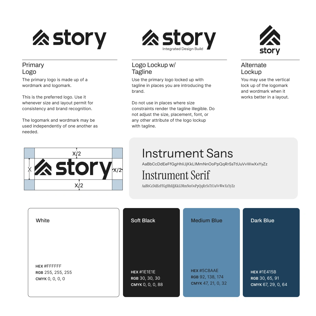 Story brand identity system with logo variations and Instrument Sans typography