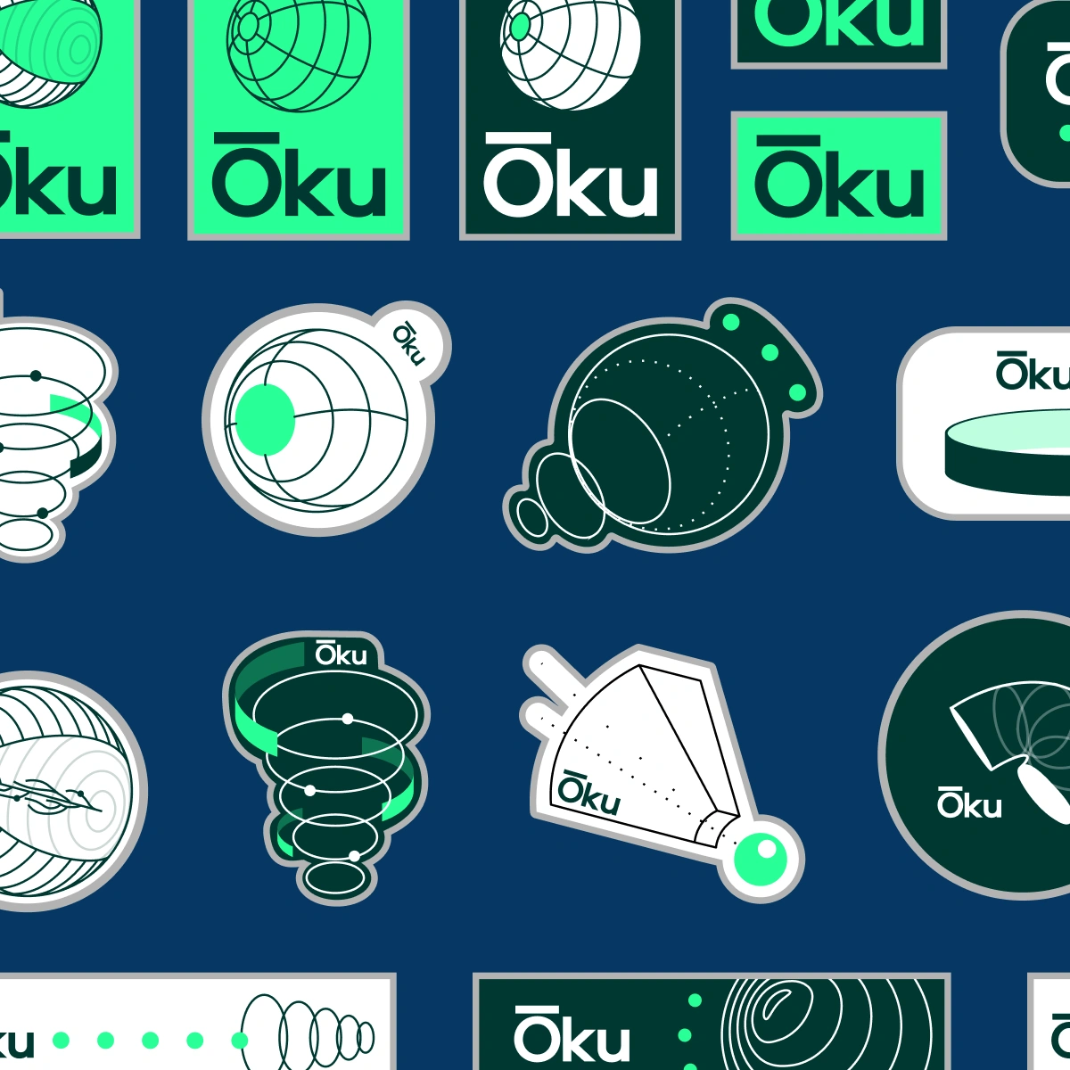Pattern of Oku app icon and logo explorations on dark navy