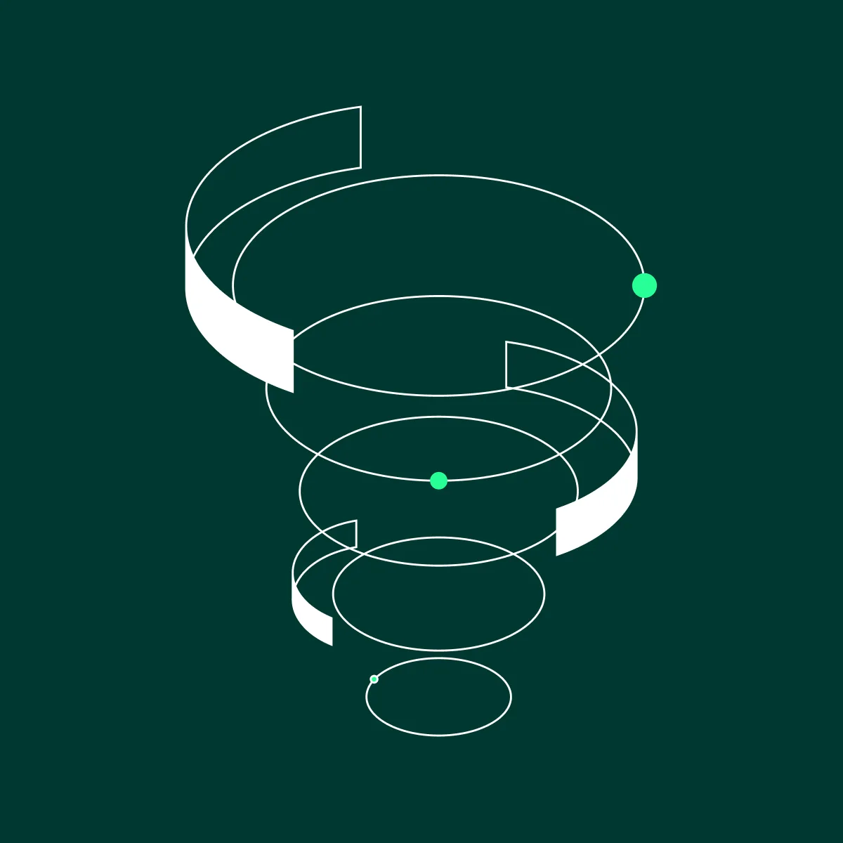 Oku brand visual showing a white spiral form on dark green