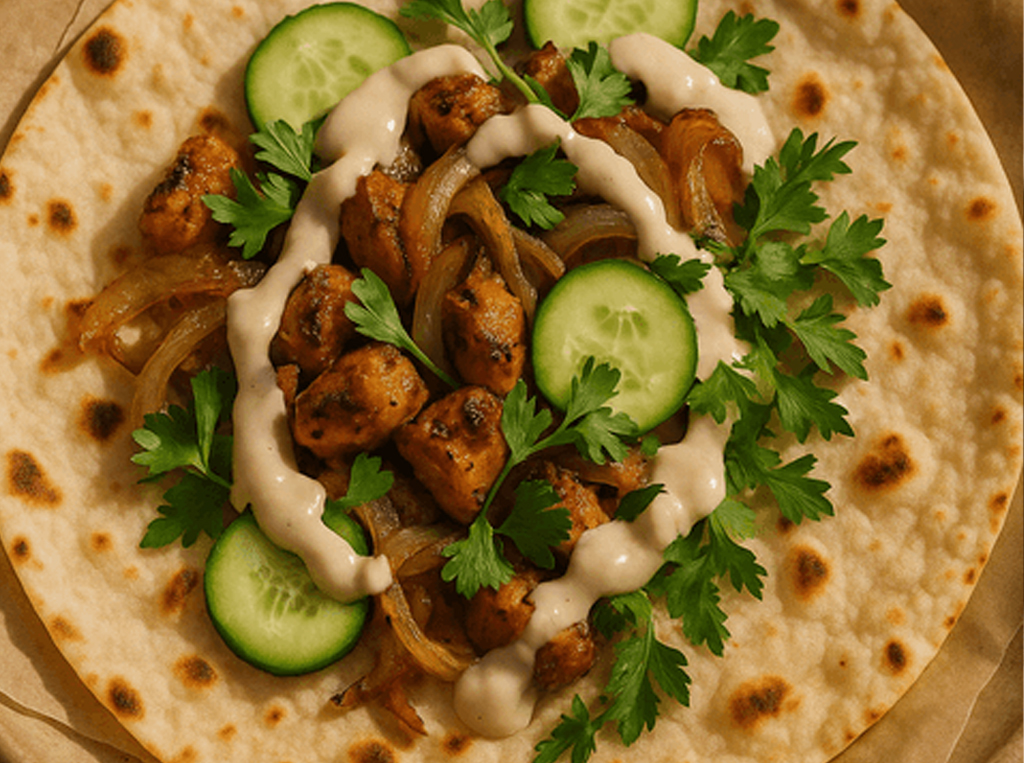 Chicken wrap with cucumber slices and Sumday tahini drizzle.