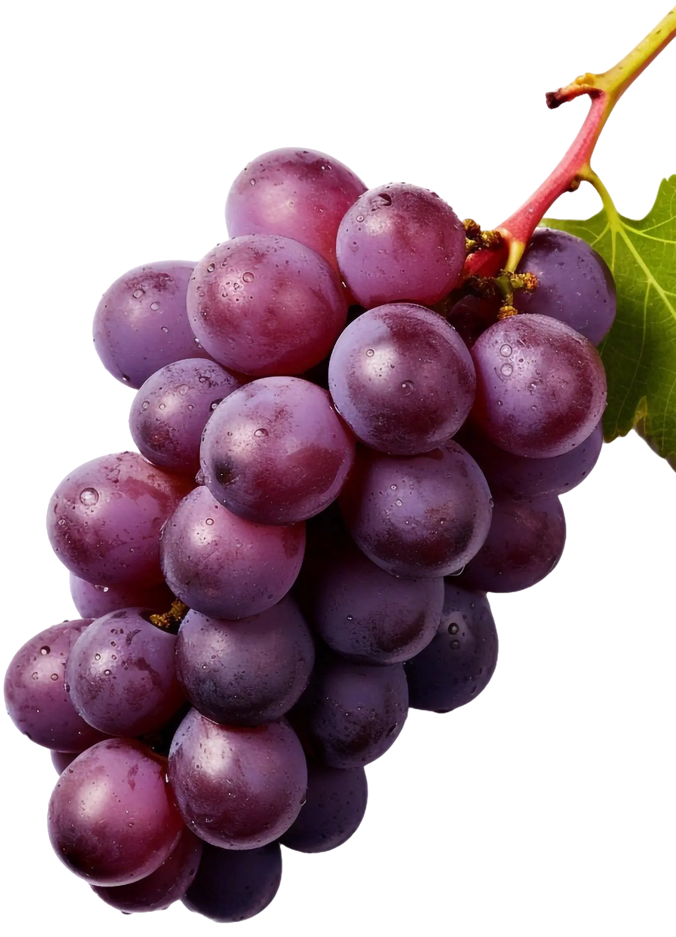 Cluster of ripe, purple grapes with a green leaf attached.