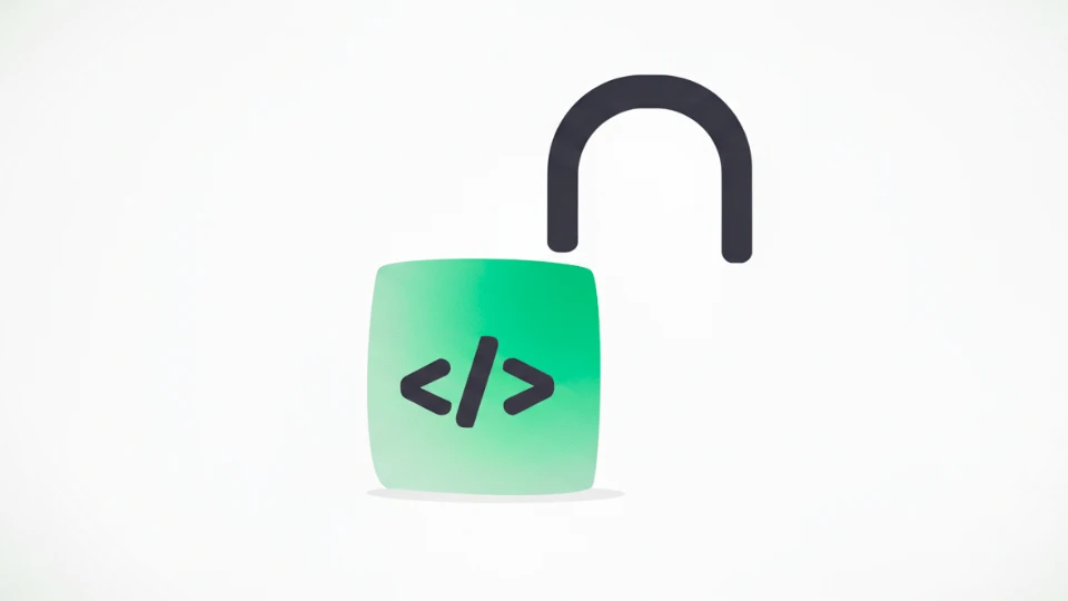 Imagem de um cadeado aberto com símbolo de código de programação, simbolizando segurança e tecnologia na segurança da informação.