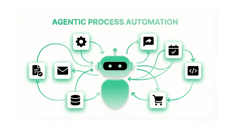 Diagrama ilustrando a automação de processos com inteligência artificial, incluindo ícones de documentos, e-mails, banco de dados, configurações, gráficos, calendário, código e carrinho de compras, todos conectados a um robô central.