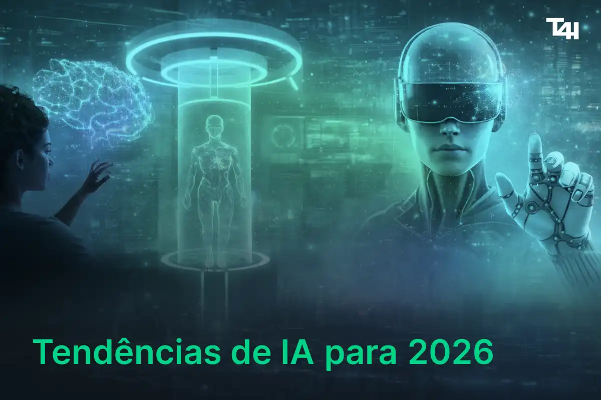 Imagem ilustrativa sobre as tendências de inteligência artificial para 2026, destacando tecnologia futurista, realidade aumentada e IA avançada.