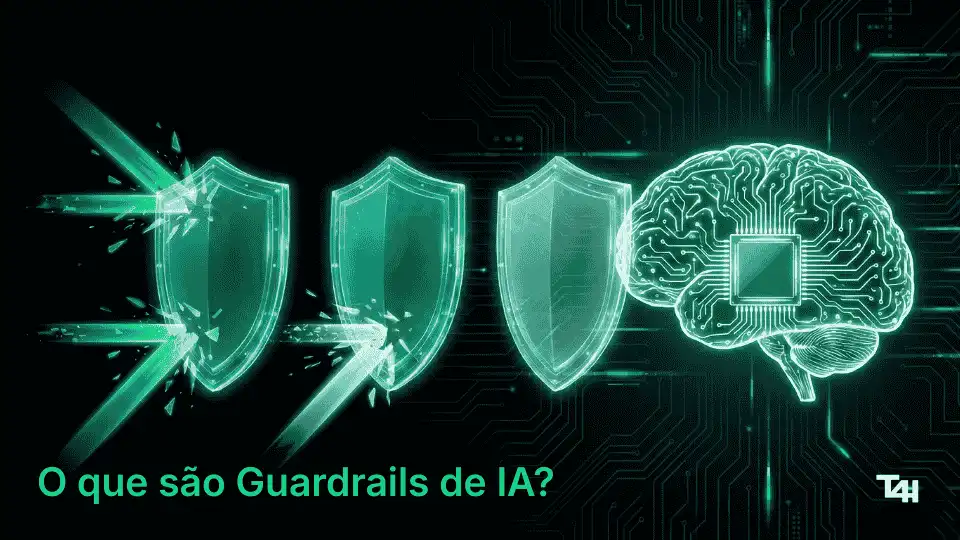 Imagem ilustrativa sobre Guardrails de IA, destacando escudos e um cérebro digital, explicando sua importância na segurança de inteligência artificial.