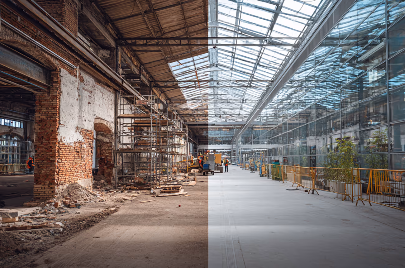 Ein halb renovierter Raum eines ehemaligen Industriegebäudes, links die Ruine mit Ziegelmauer und Baugerüst, rechts der moderne Teil mit großflächigen Fensterfronten und Pflanzen, die hell und einladend wirken.