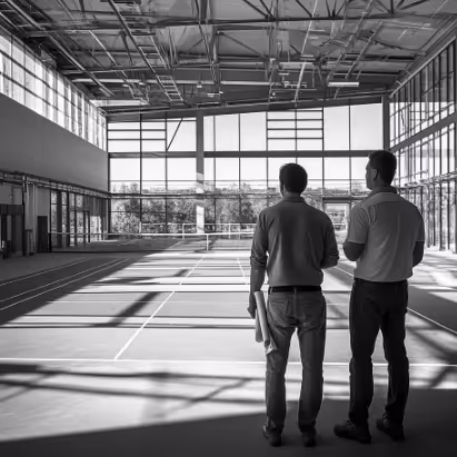 Zwei Männer stehen in einem großen, lichtdurchfluteten Sportkomplex und betrachten das leere Sportfeld. Die Industriearchitektur und die Licht-Schatten-Spiele schaffen eine inspirierende Atmosphäre.