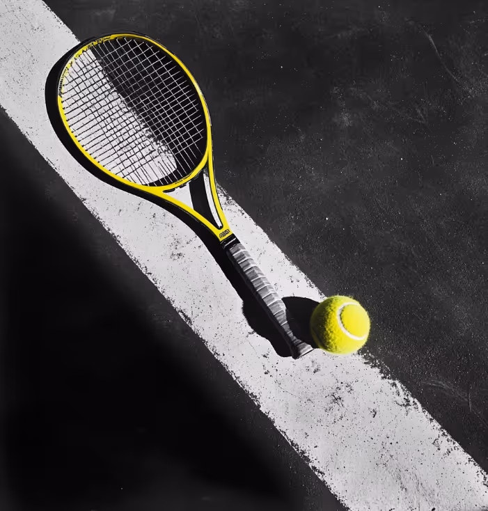 Ein gelber Tennisschläger liegt auf einem schwarzen Tennisplatz neben einem leuchtend gelben Tennisball, der auf der weißen Spiellinie positioniert ist.