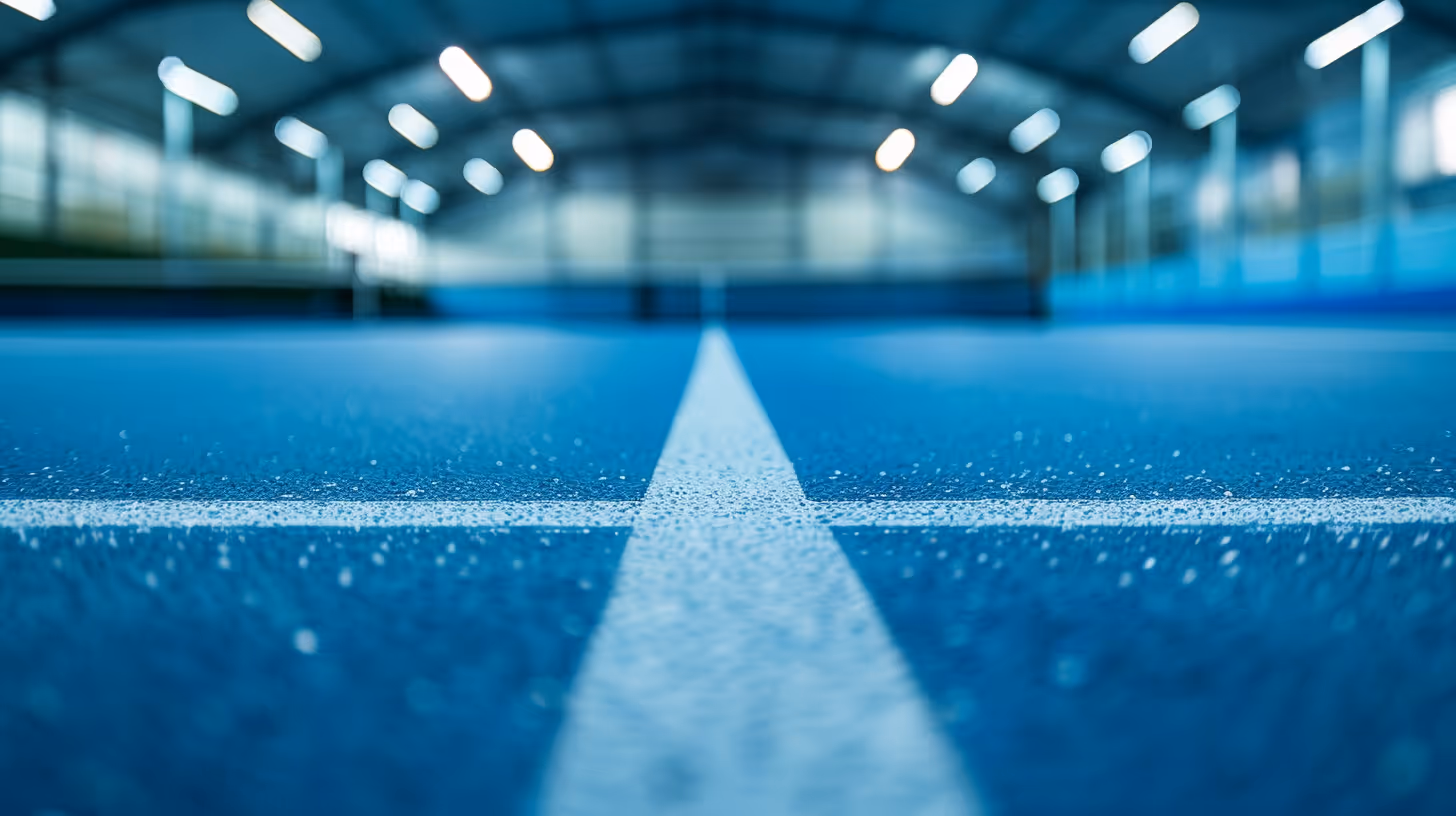 Eine Nahaufnahme des blauen Bodens in einer Tennishalle, mit einer weißen Linienmarkierung in der Mitte. Offenbart eine weite, gut beleuchtete Halle mit hohen Decken und mehreren Lichtern.