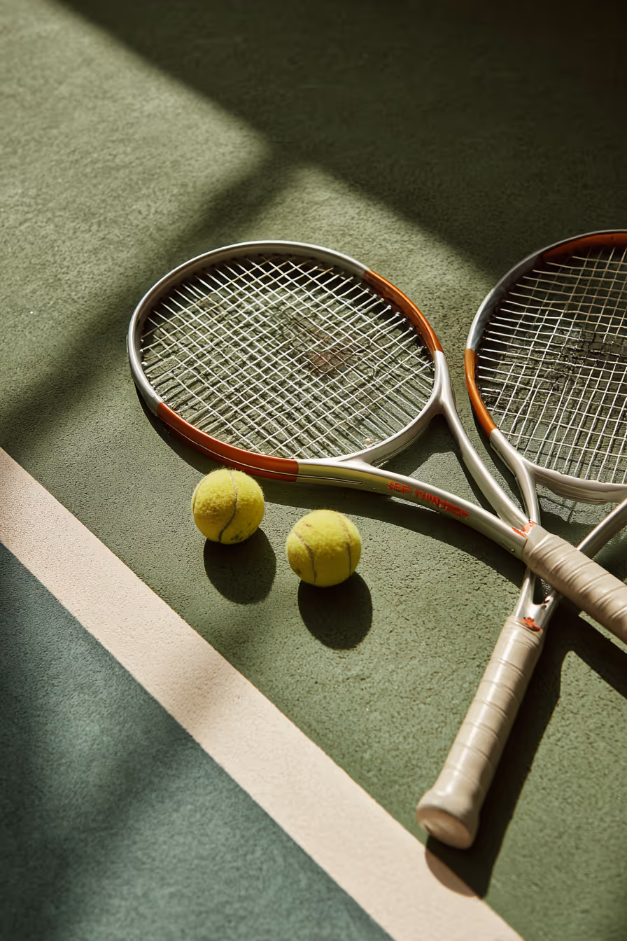 Zwei Tennisschläger liegen auf einem Tennisplatz mit grünem Belag, neben ihnen befinden sich zwei gelbe Tennisbälle, während Lichtstrahlen durch das Fenster scheinen.